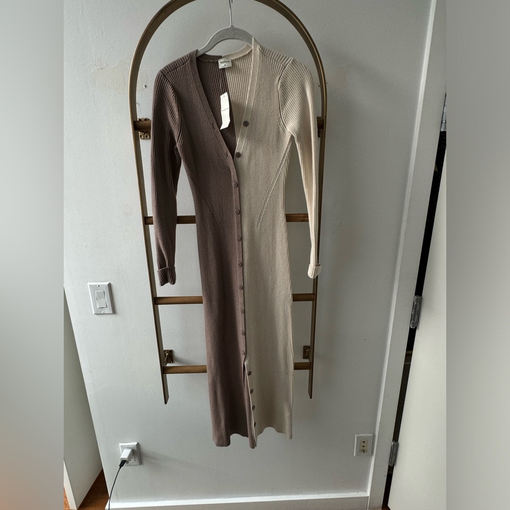 Abercrombie Button-Through Midi Sweater Dress in Taupe and Cream